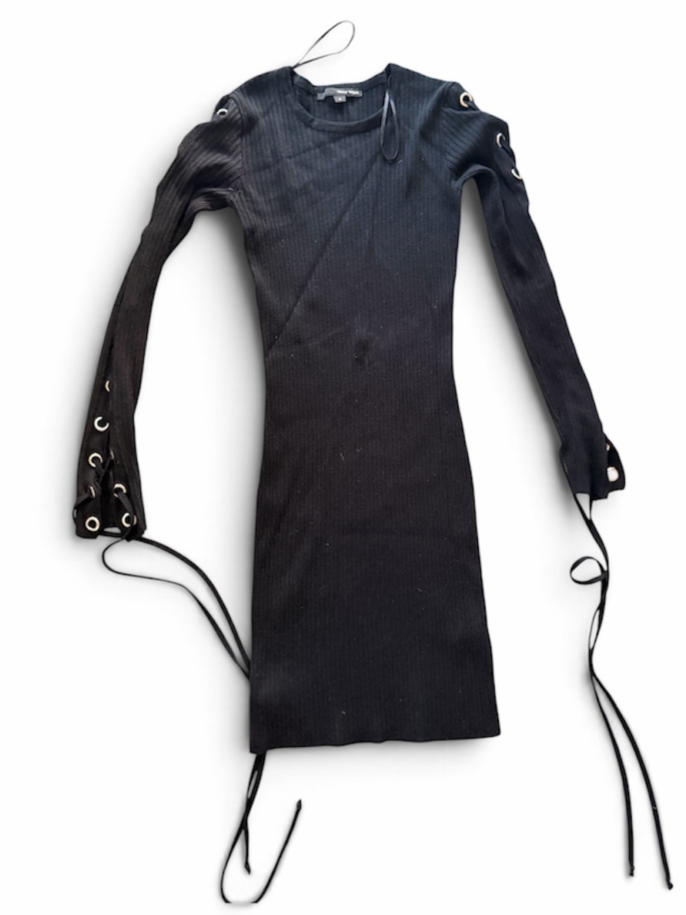 Black Lace-Up long Sleeve Ribbed Knit Mini Dress size S